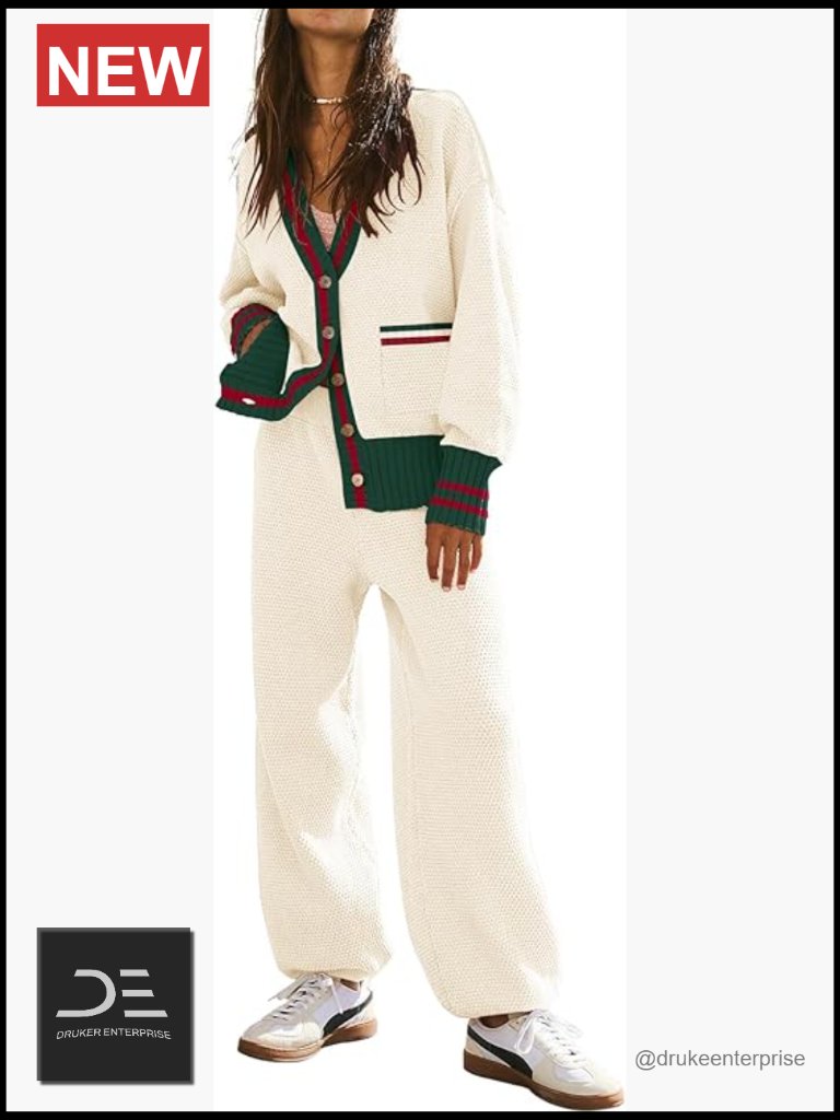 Lounge Set Cardigan Sweater Pants Sets V Neck Button Pocket Knit Matching